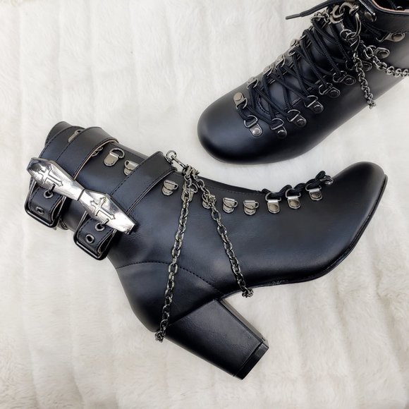 Vivika Goth Granny Ankle Boots Coffin Straps & Chain - Picture 4 of 16